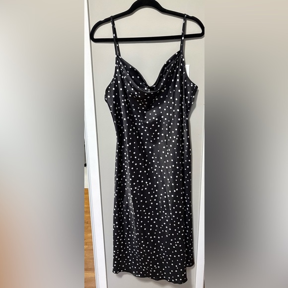 Bebe Black and White Polka Dot Satin Midi Sheath Dress - Picture 5 of 6